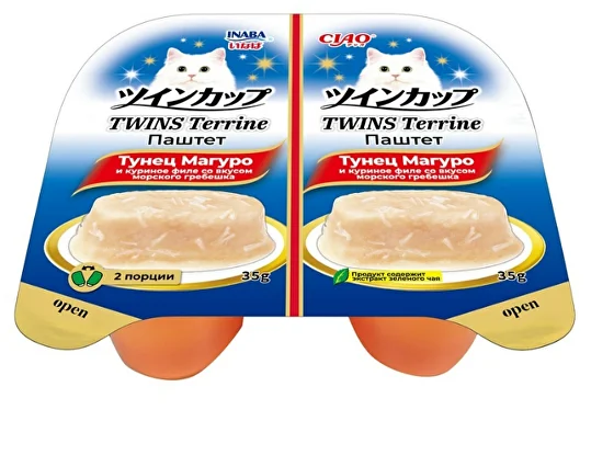 INABA. Ciao TWINS Terrine Паштет для кошек тунец Магуро и куриное филе со вкусом морск. гребешка,70г