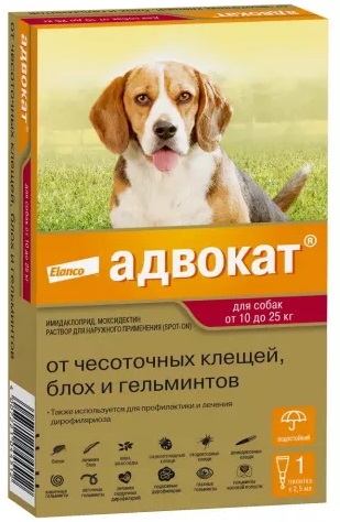 Байер Адвокат антипаразитарный препарат д/собак 10-25 кг (2,5 мл). (упаковка 1 пипетка)