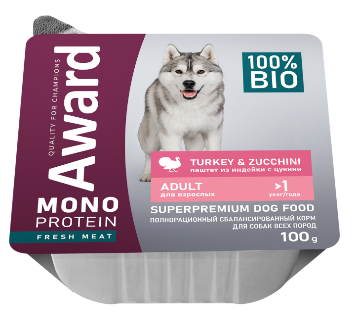 Влажный корм AWARD Monoprotein для взрослых собак паштет из индейки с цукини 100г