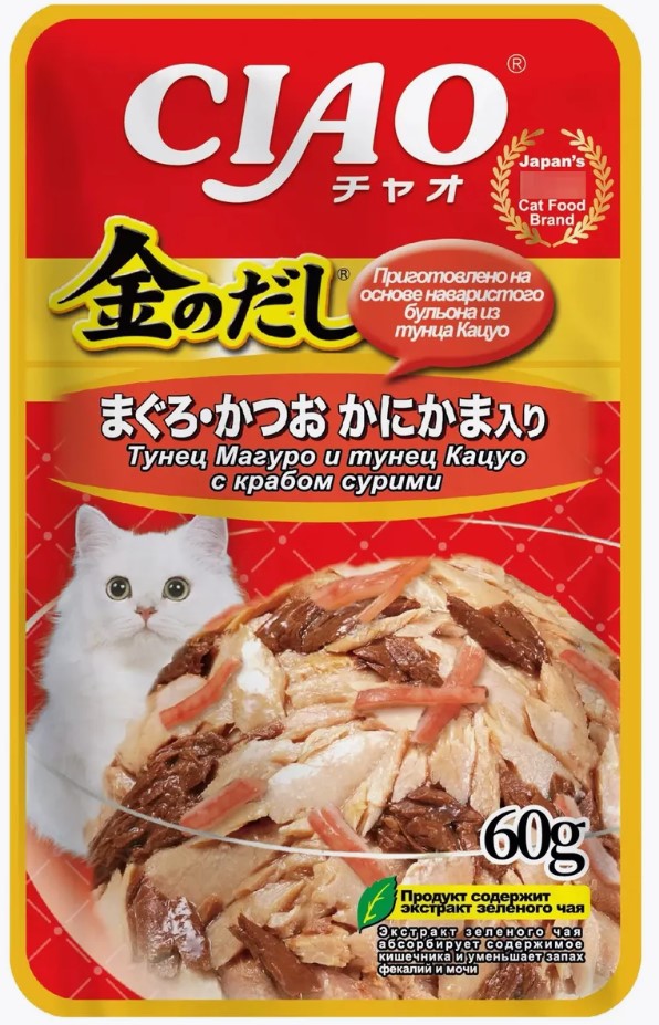 INABA. Kinnodashi Пауч для кошек. Тунец с крабом сурими в желе 60г