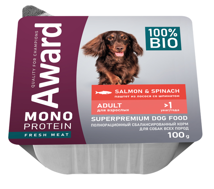 Влажный корм AWARD Monoprotein для взрослых собак паштет из лосося со шпинатом 100г
