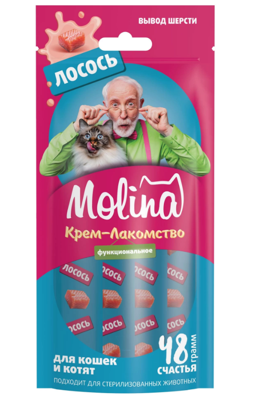 MOLINA, Функциональное крем-лакомство с лососем для кошек, Вывод комков шерсти из желудка, 48г