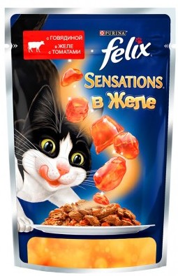 FELIX SENSATIONS для кошек Говядина в желе с томатами (пауч)