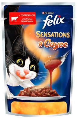 FELIX SENSATIONS для кошек Говядина в соусе с томатом (пауч)