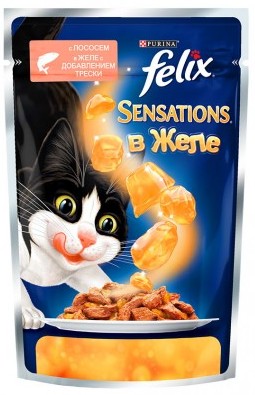 FELIX SENSATIONS для кошек Лосось в желе со вкусом трески (пауч)