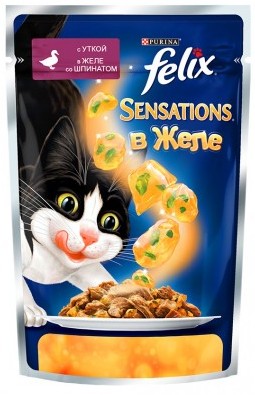 FELIX SENSATIONS для кошек Утка в желе со шпинатом (пауч)