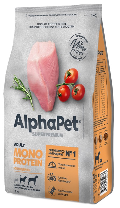 АльфаПет MONOPROTEIN сухой корм для собак средних и крупных пород Индейка