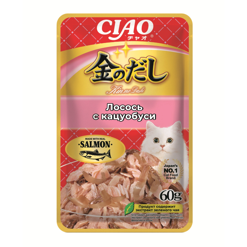 INABA. Kinnodashi Пауч для кошек. Лосось с кацуобоси в желе для кошек, 60 гр