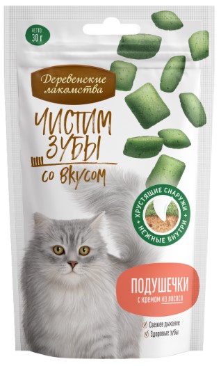 Деревенские лакомства. Чистим зубы для кошек.Подушечки с кремом из лосося, 30 гр