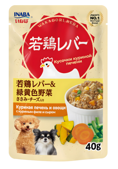 INABA. Wakadori reba Пауч для собак. Куриная печень и овощи с куриным филе и сыром, 40г