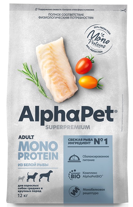 АльфаПет MONOPROTEIN сухой корм для собак средних и крупных пород из белой рыбы