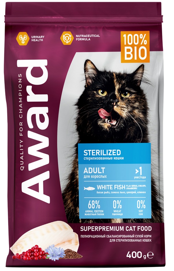 AWARD Sterilized для взрослых стерил. кошек с белой рыбой с семянами льна, клюквы и цикория