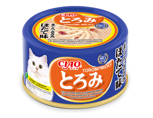 INABA. Ciao Toromi Milk Консервы для кошек Тунец Магуро, куриное филе, Гребешок в овсяном молоке 80г