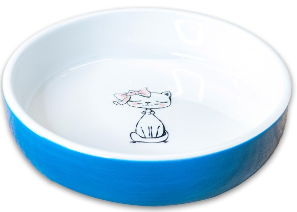 Миска MR.Kranch для кошек керамическая Кошка с бантиком, 370мл, голубая