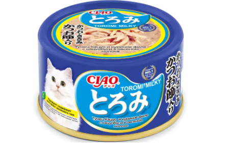 INABA.Ciao Toromi Milk Консервы для кошек Тунец Магуро, куриное филе, Кацуобуси в овсяном молоке 80г