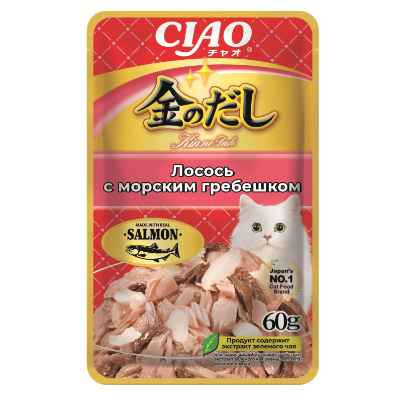 INABA. Kinnodashi Пауч для кошек. Лосось с морским гребешком в желе для кошек, 60 гр