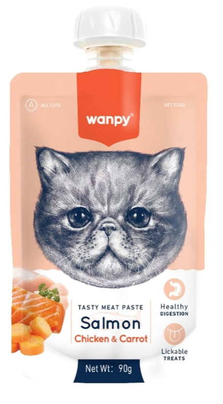 Wanpy Cat Лакомство для кошек Мясной мусс из лосося и курицы с морковью 90 г
