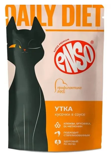Enso.Влажный корм для взрослых кошек,профилактика МКБ, кусочки с уткой в соусе