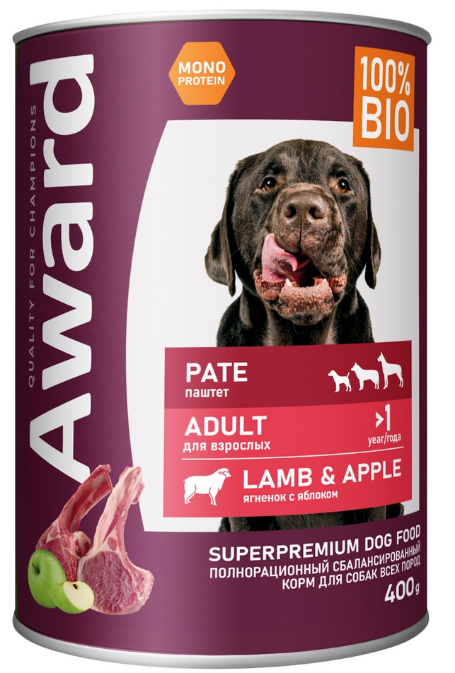 AWARD Влажный корм для взрослых собак паштет из ягненка с яблоком