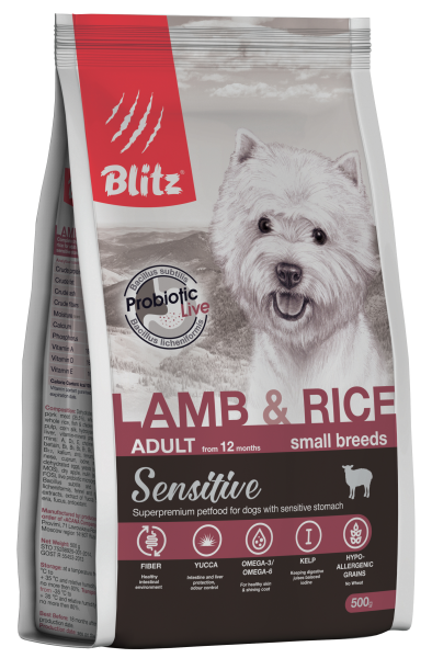 BLITZ Sensitive. Корм для взрослых собак МИНИ пород с ягненком и рисом