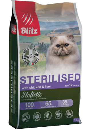 BLITZ Holistic. Корм низкозерновой для стерилизованных кошек с курицей и печенью
