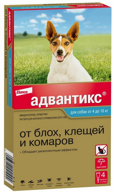 Адвантикс капли против блох для собак от 4 до 10 кг, 1 мл. (упаковка 4 пипетки)