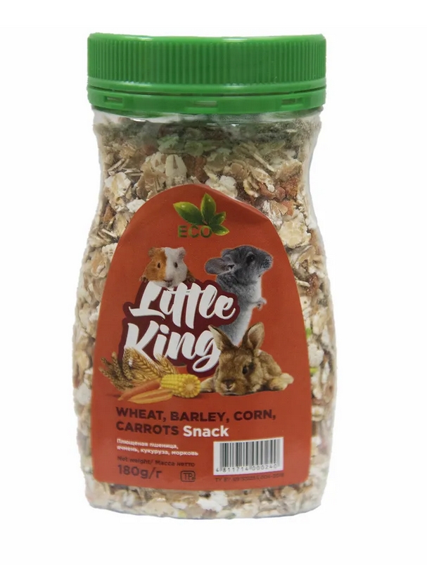 Little King лакомство для грызунов (плющеная пшеница, ячмень, кукуруза, морковь), банка 180г
