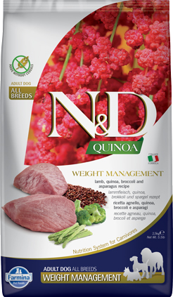 Farmina N&D GF Quinoa Weight Manag, беззерновой корм для собак, ягненок, киноа, брокколи, спаржа