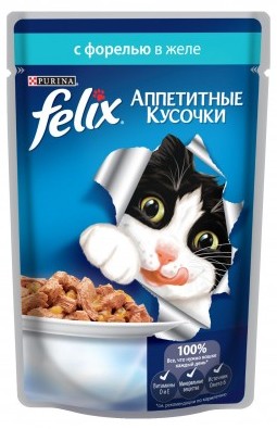 FELIX  85 гр для кошек Форель аппетитные кусочки в желе (пауч)