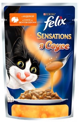 FELIX SENSATIONS для кошек Индейка в соусе с беконом (пауч)