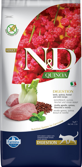 Farmina N&D GF Quinoa Digestion, беззерновой корм для кошек, ягненок, киноа, фенхель и мята
